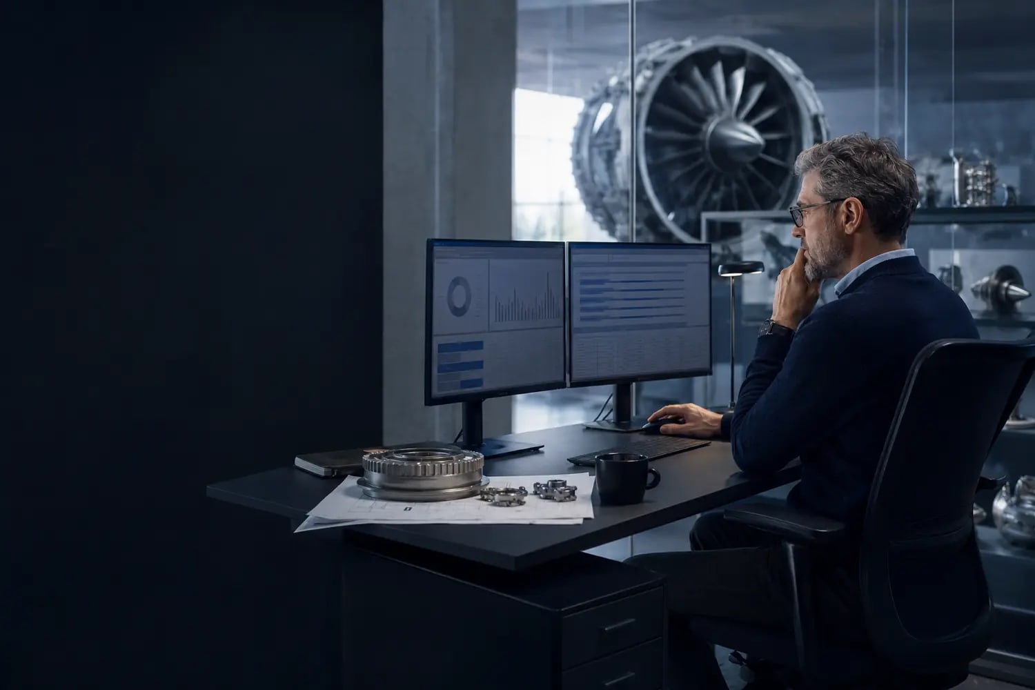 Aircraft engine detail beside a restrained market analysis dashboard