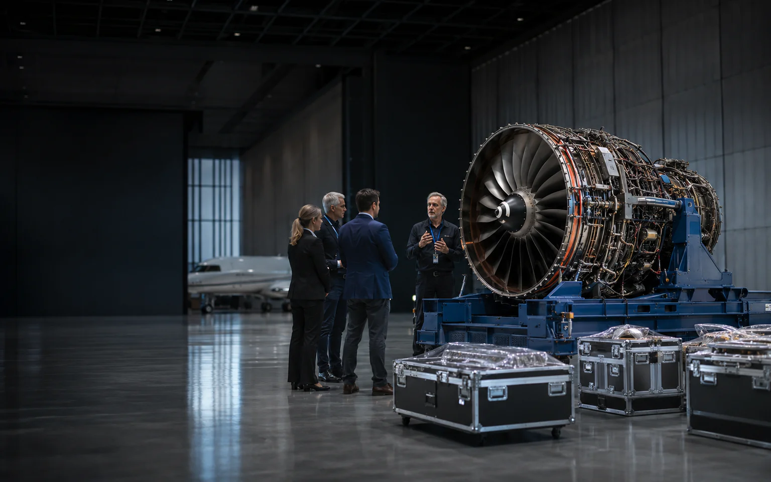 Curated aviation component lot in a professional viewing area
