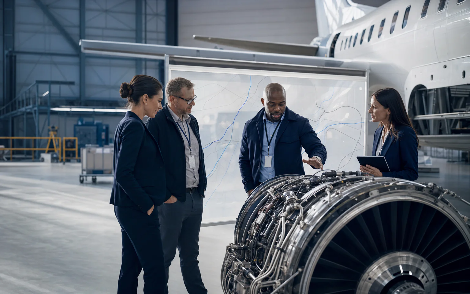 Modern aviation technology team working beside an aircraft hangar