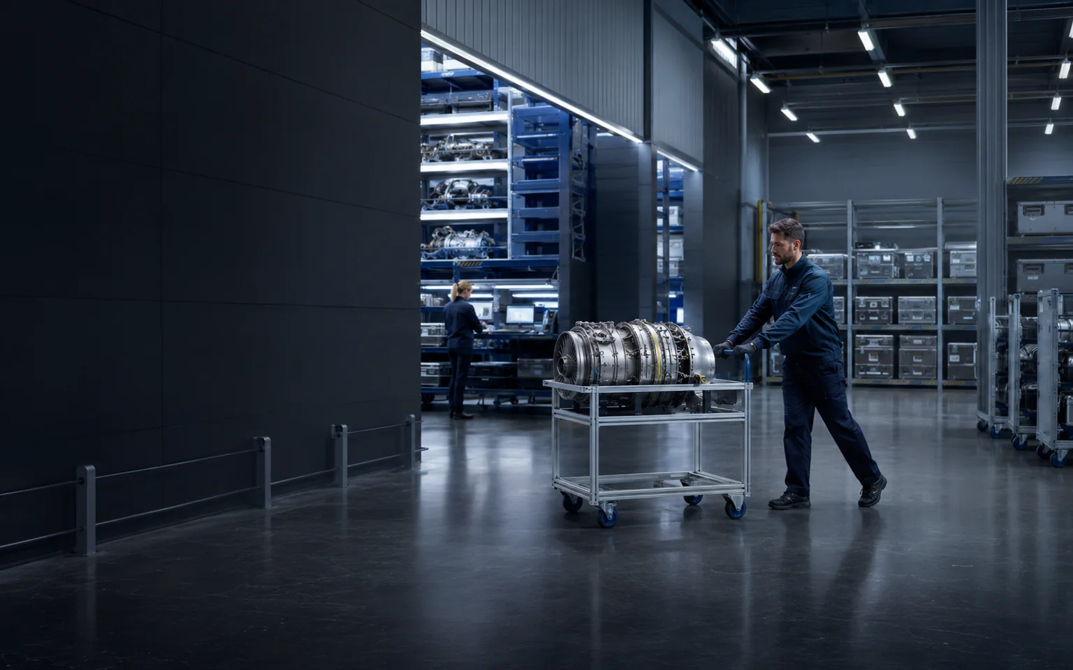 Premium aviation parts warehouse with carefully stored serviceable components