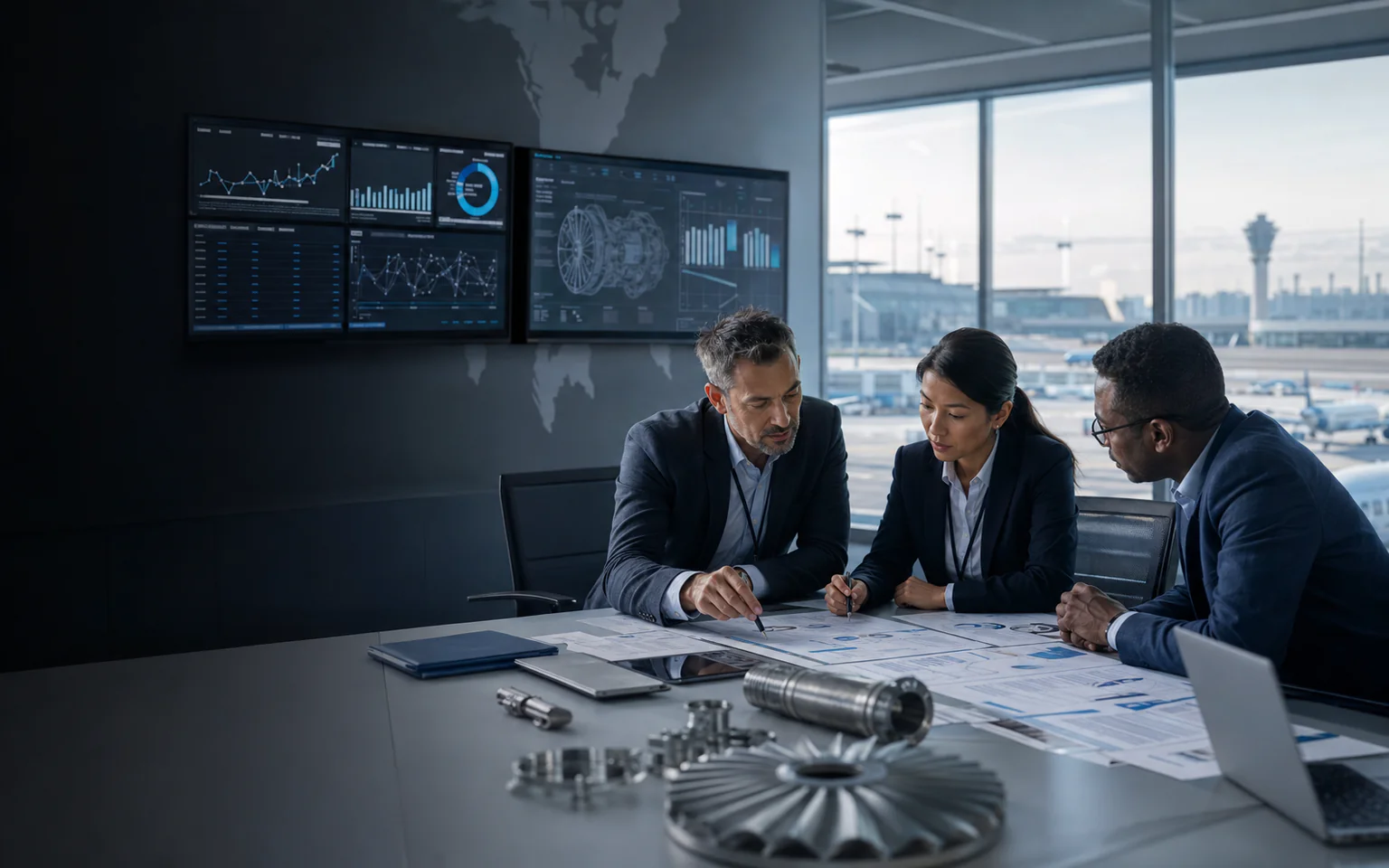 Aviation procurement specialist reviewing an aircraft component in a hangar