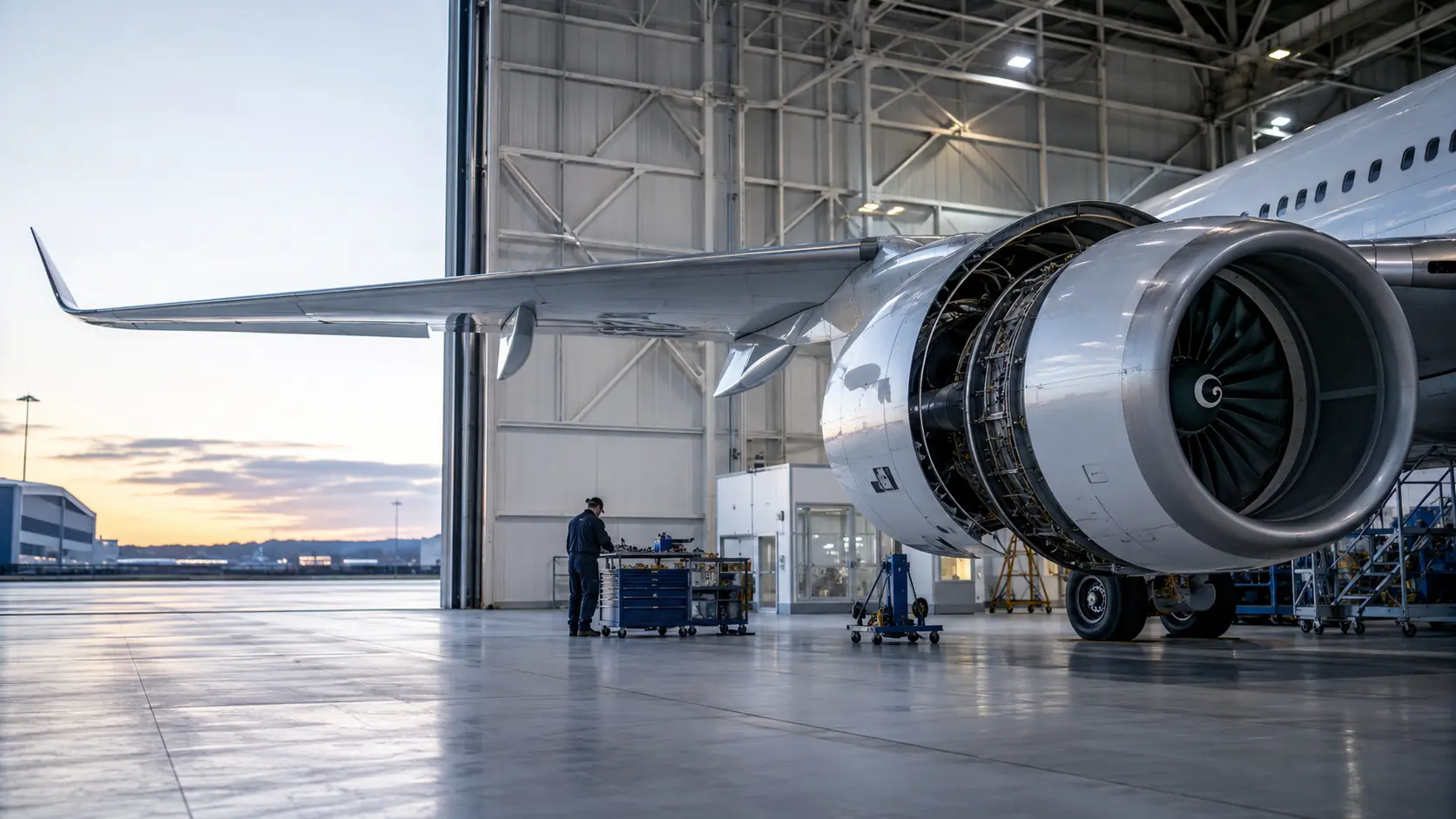 Modern aircraft engine inside a bright maintenance hangar